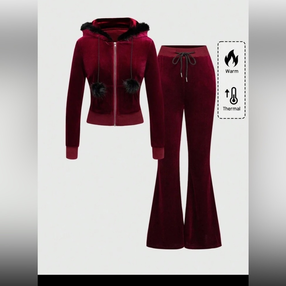 Women’s Burgundy Velvet Hooded Jacket & Flared Pants Set